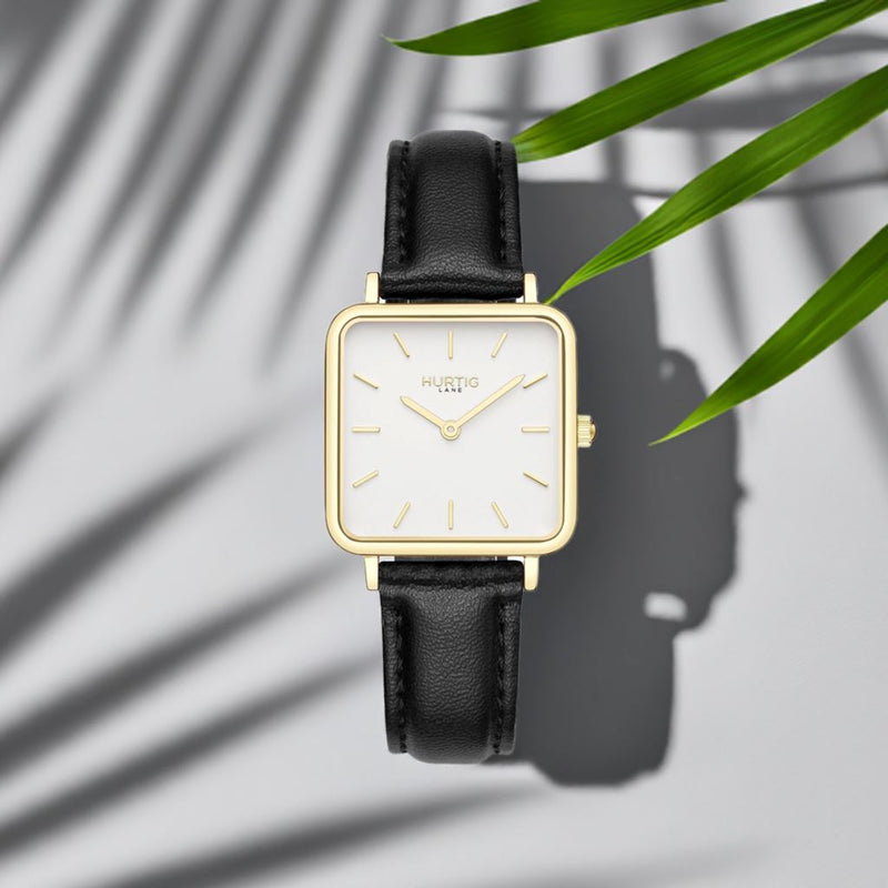 Neliö Square CACTUS Leather Watch Gold, White & Black Watch Hurtig Lane Vegan Watches