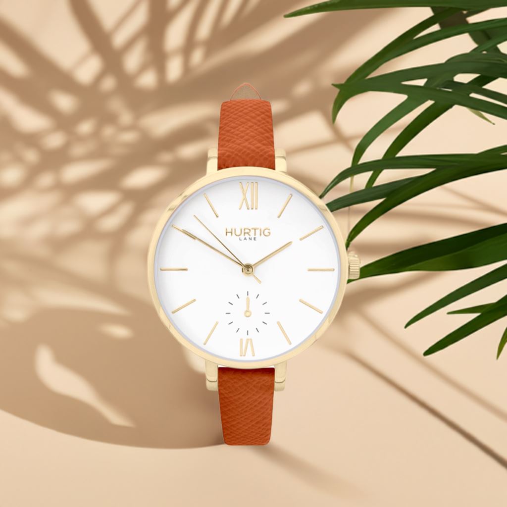 Amalfi Petite Vegan Leather Watch Gold, White & Tan Watch Hurtig Lane Vegan Watches