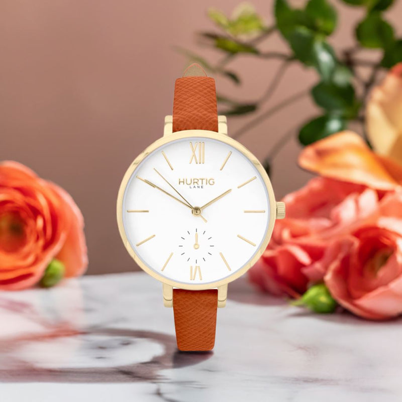 Amalfi Petite Vegan Leather Watch Gold, White & Tan Watch Hurtig Lane Vegan Watches