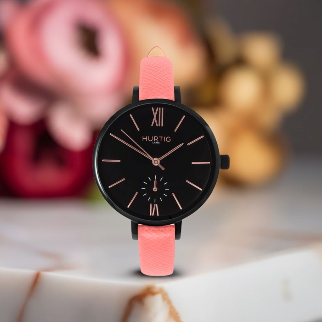 women's vegan leather watch. black and pink