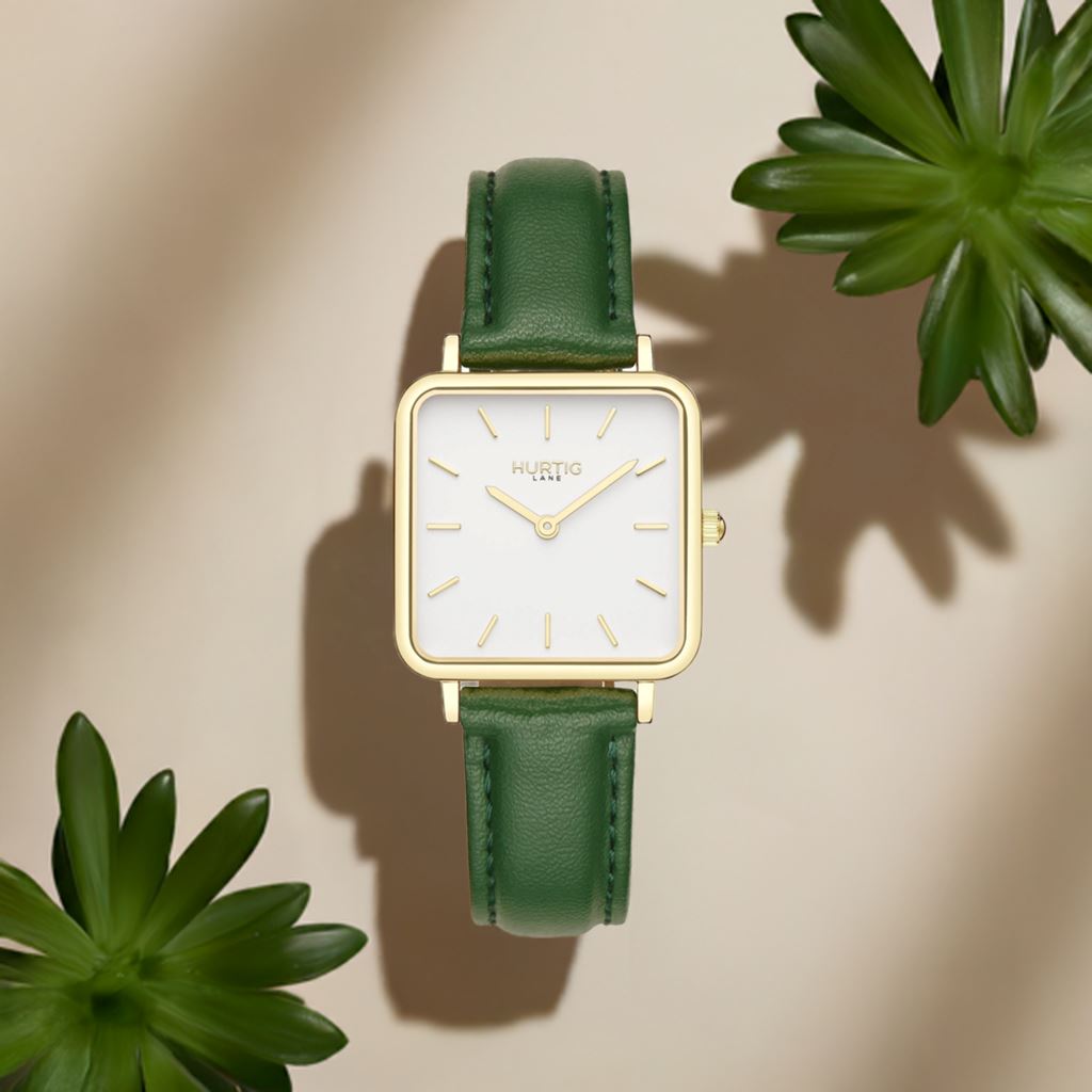 Neliö Square Vegan Leather Gold/White/Green Watch Hurtig Lane Vegan Watches