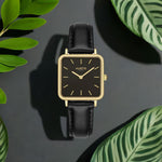 Neliö Square CACTUS Leather Watch Gold, Black & Black Watch Hurtig Lane Vegan Watches