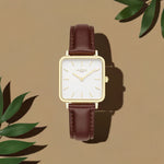 Neliö Square Vegan Leather Watch Gold, White & Chestnut Watch Hurtig Lane Vegan Watches