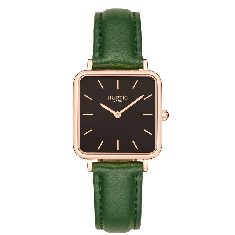 Neliö Square Vegan Leather Rose Gold/Black/Chestnut Watch Hurtig Lane Vegan Watches