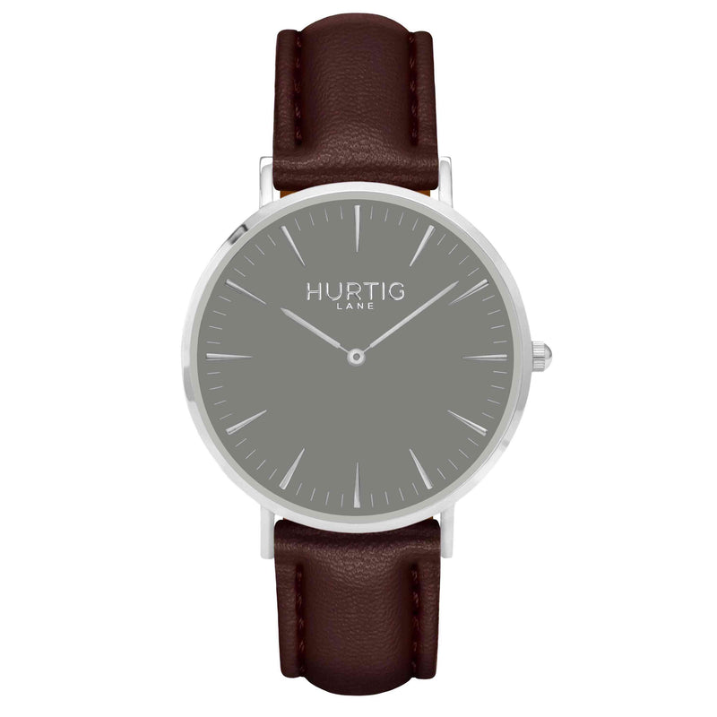 Mykonos Vegan Leather Watch Silver, Grey & Chestnut Watch Hurtig Lane Vegan Watches