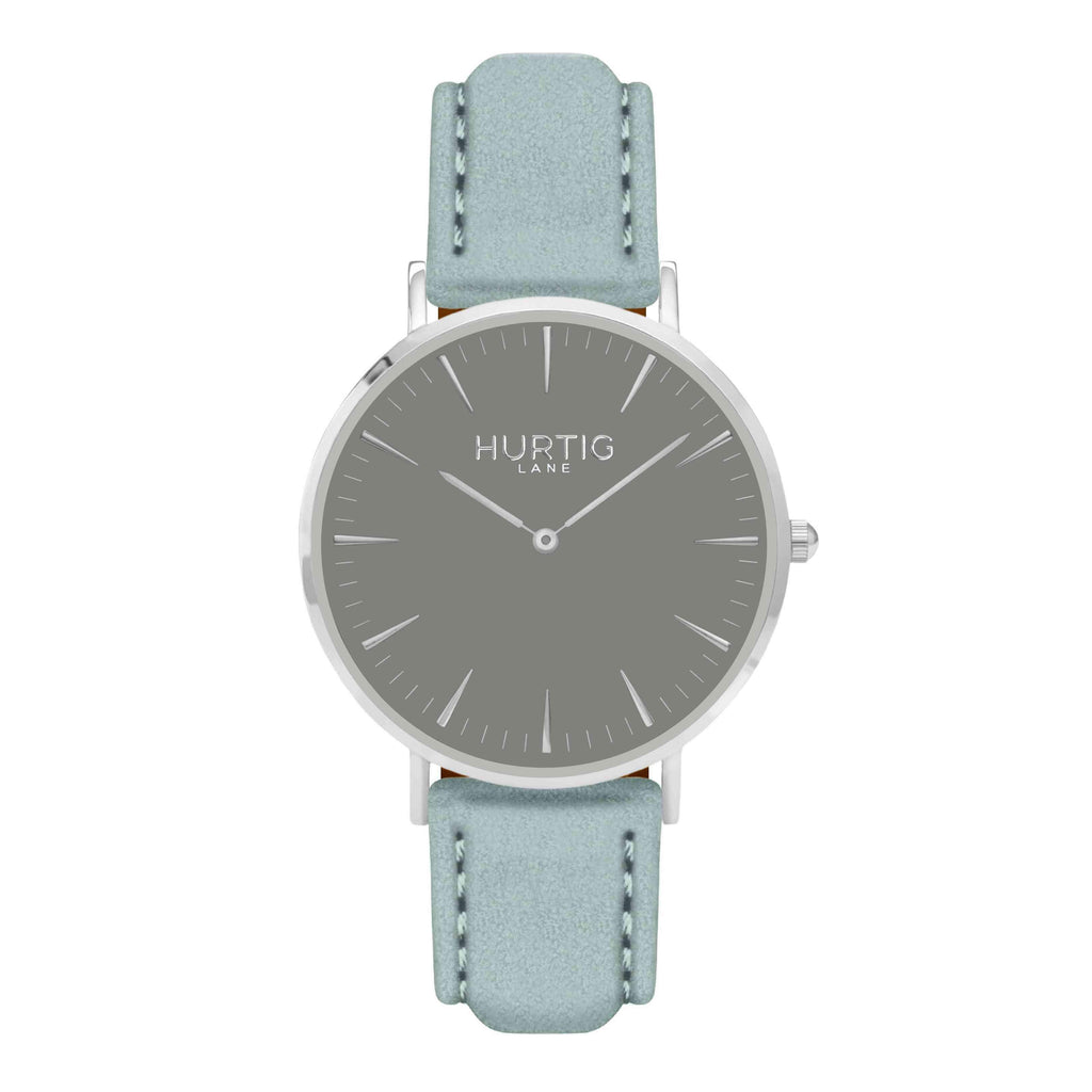 Hymnal Vegan Suede Watch Silver, Grey & Duck Egg - Hurtig Lane - sustainable- vegan-ethical- cruelty free