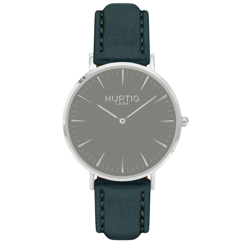 Hymnal Vegan Suede Watch Silver, Grey & Forest Green - Hurtig Lane - sustainable- vegan-ethical- cruelty free