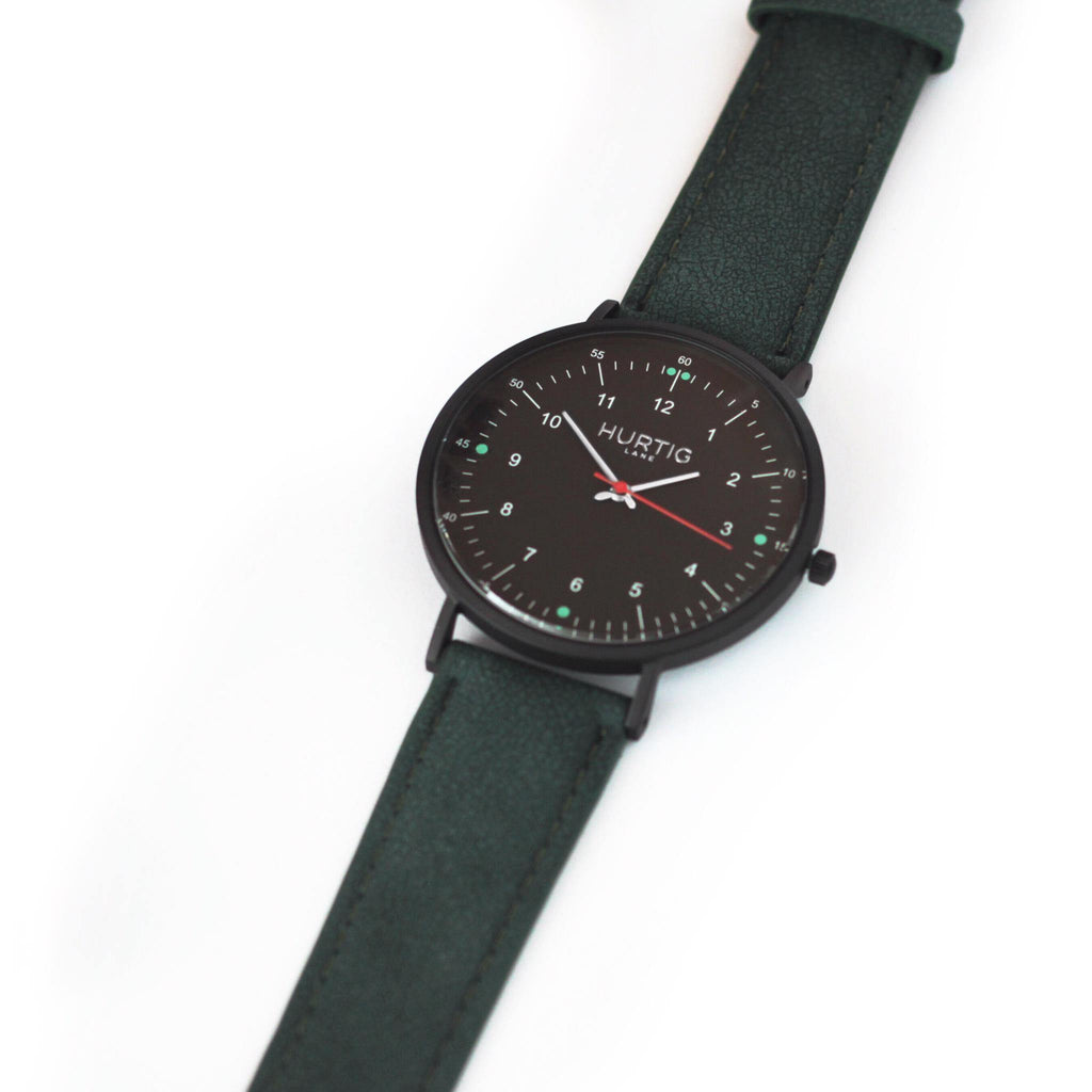 Moderno Vegan Suede Watch All Black & Forest Green Watch Hurtig Lane Vegan Watches