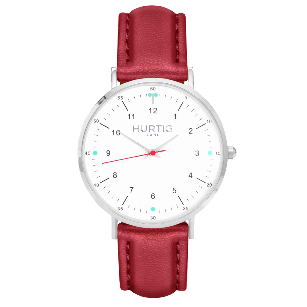 hurtig lane vegan leather watch silver, white and red. Vegane uhren