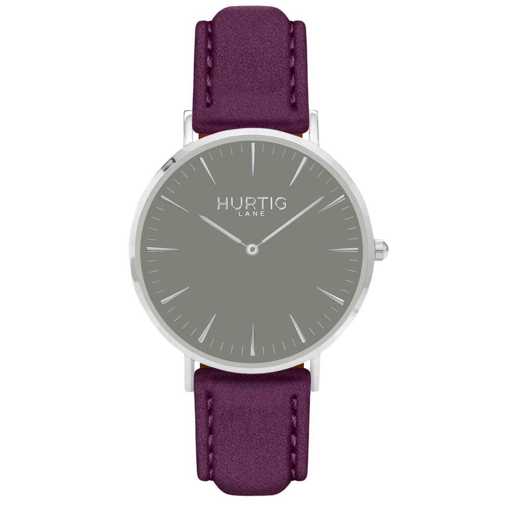 Hymnal Vegan Suede Watch Silver, Grey & Berry - Hurtig Lane - sustainable- vegan-ethical- cruelty free