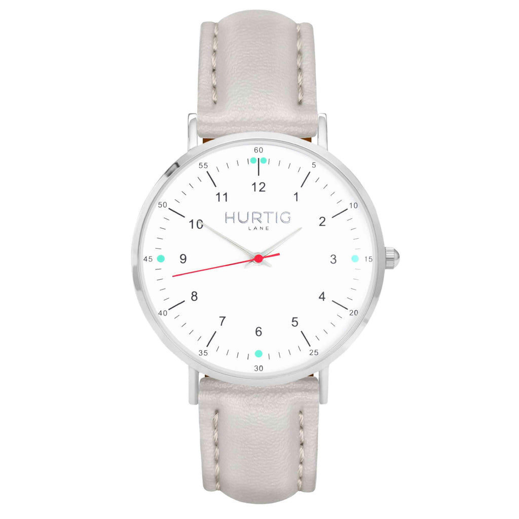 hurtig lane vegan leather watch silver, white and grey. Vegane uhren