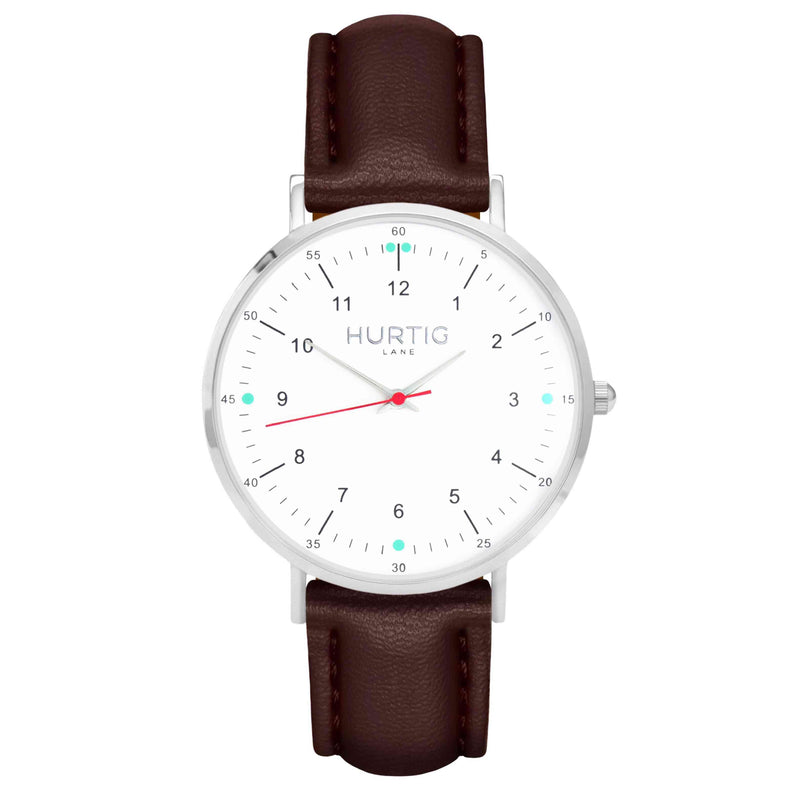 hurtig lane vegan leather watch silver, white and dark brown. Vegane uhren