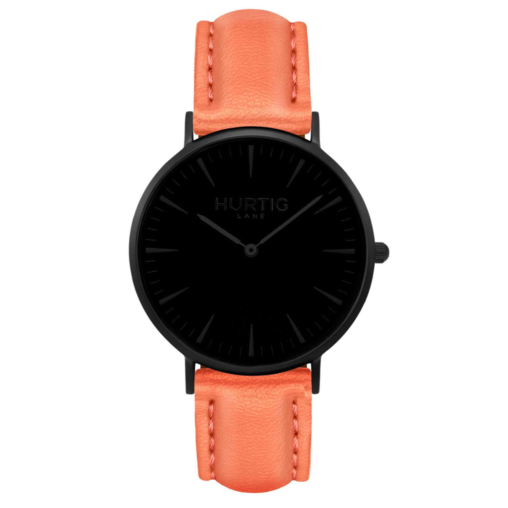 Mykonos Vegan Leather Watch All Black & Coral Watch Hurtig Lane Vegan Watches