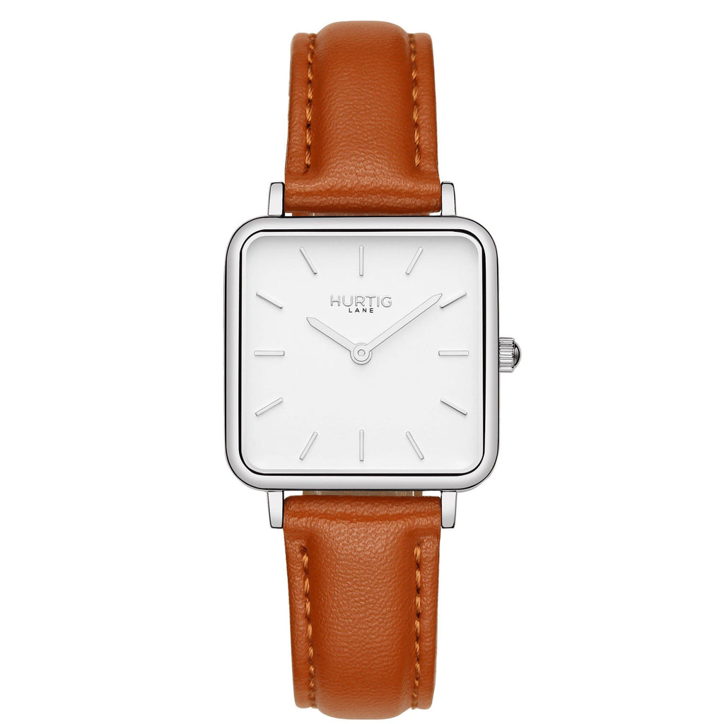 Neliö Square Vegan Leather Silver/White/Tan Watch Hurtig Lane Vegan Watches