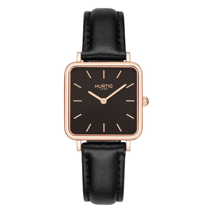 Neliö Square Vegan Leather Rose Gold/Black/Chestnut Watch Hurtig Lane Vegan Watches