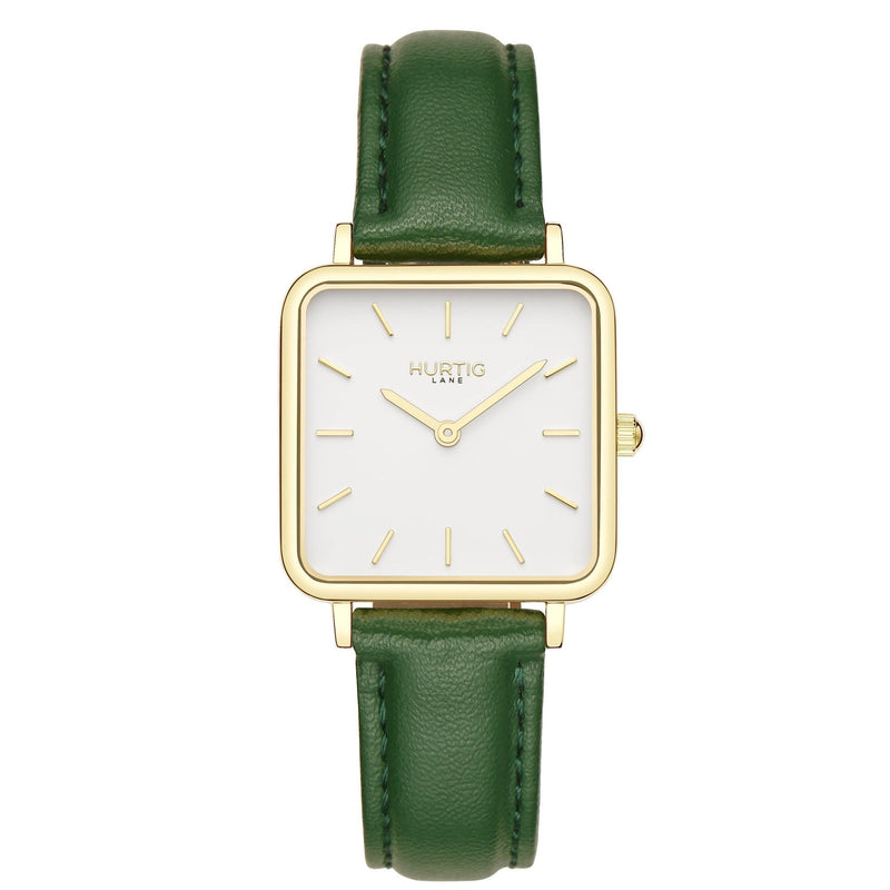 Neliö Square Vegan Leather Gold/White/Chestnut Watch Hurtig Lane Vegan Watches