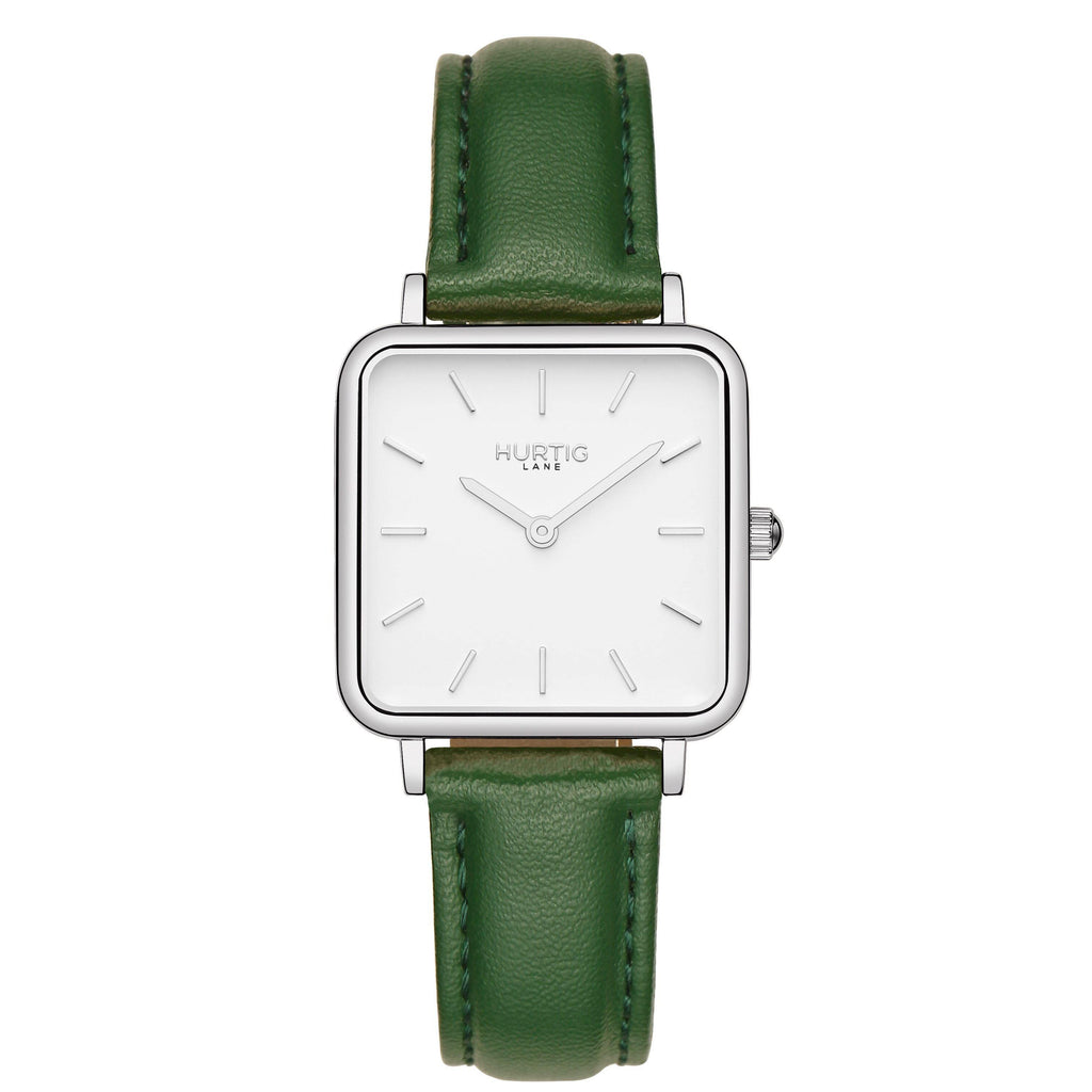 Vegan gift set Neliö Square Vegan Leather Watch Silver/White/Green and Chestnut strap Watch Hurtig Lane Vegan Watches