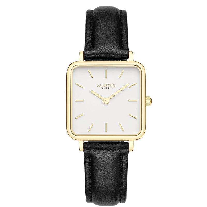 Neliö Square Vegan Leather Gold/White/Chestnut Watch Hurtig Lane Vegan Watches