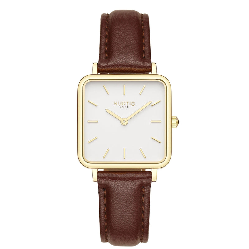 Neliö Square Vegan Leather Gold/White/Chestnut Watch Hurtig Lane Vegan Watches