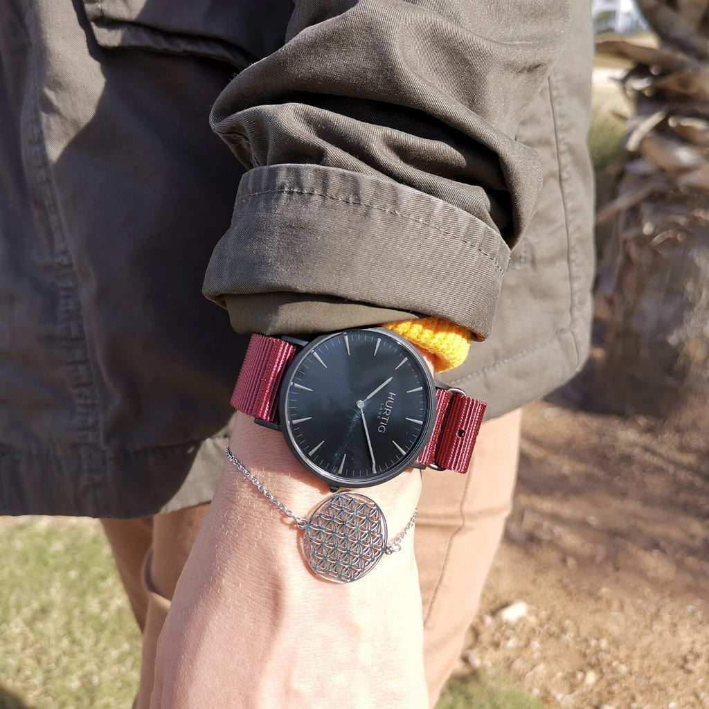 vegan nylon watch. nato watch black and maroon