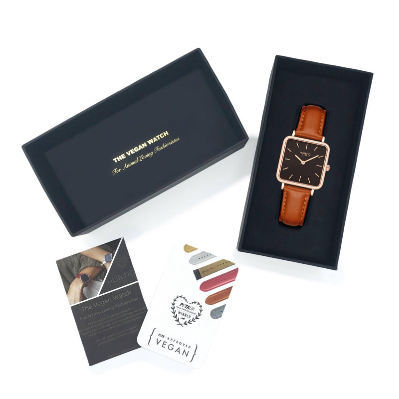 Neliö Square Vegan Leather Rose Gold/Black/Tan Watch Hurtig Lane Vegan Watches