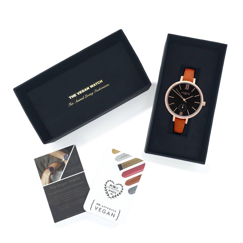 Amalfi Petite Vegan Leather Rose Gold/Black/Tan Watch Hurtig Lane Vegan Watches