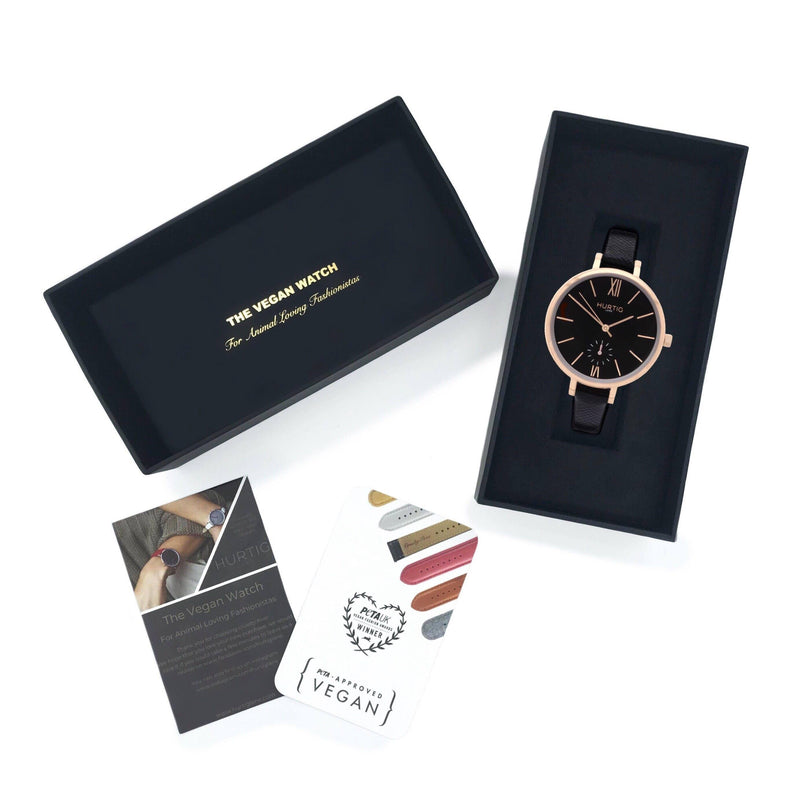 Amalfi Petite Vegan Leather Rose Gold/Black/Black Watch Hurtig Lane Vegan Watches