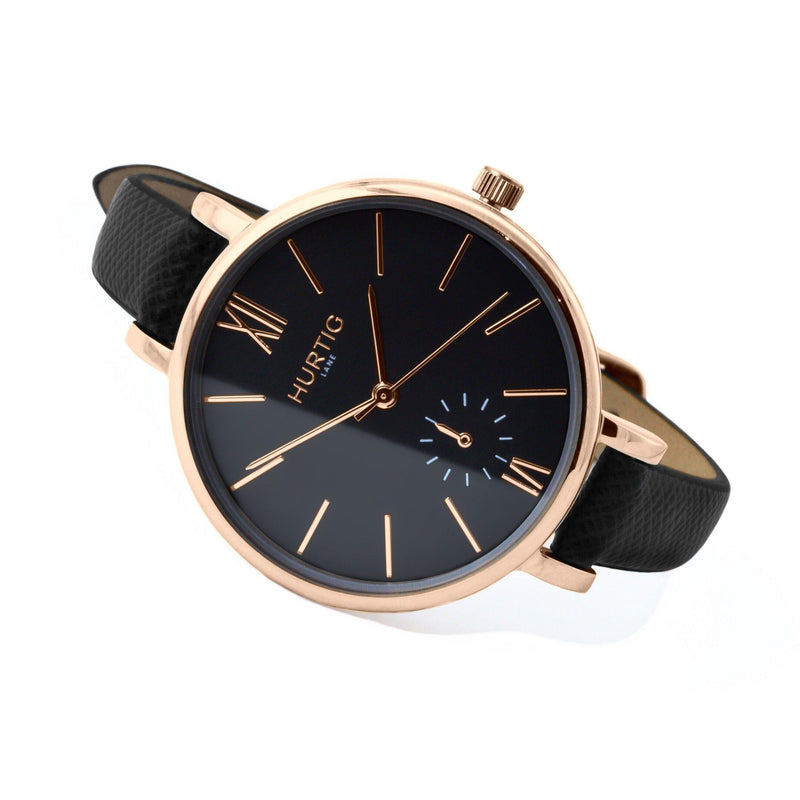 Amalfi Petite Vegan Leather Rose Gold/Black/Black Watch Hurtig Lane Vegan Watches