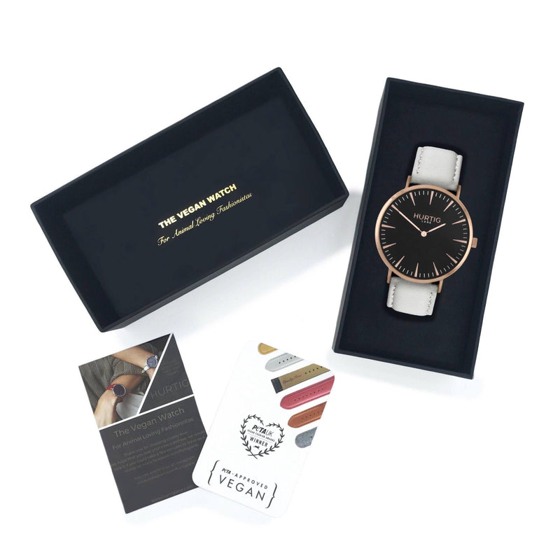 Mykonos Vegan Leather Rose Gold/Black/Cloud Watch Hurtig Lane Vegan Watches