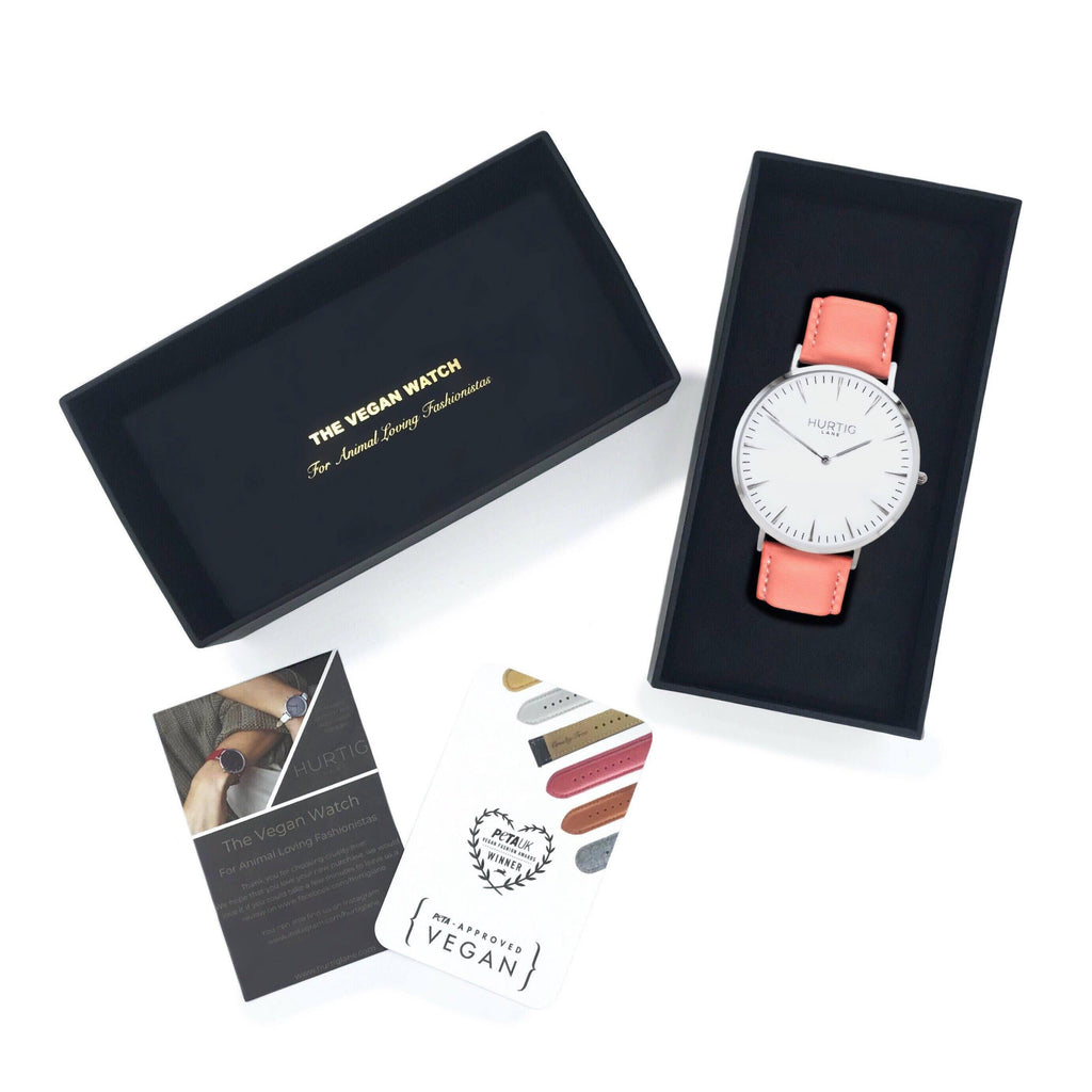 Vegan leather watch silver, white and coral- hurtig lane- vegane uhren