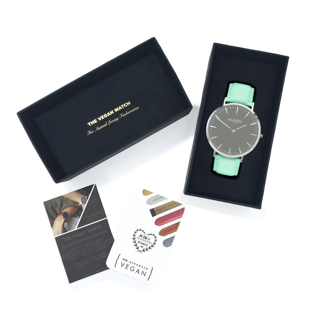 Vegan leather watch silver, grey and mint- hurtig lane- vegane uhren