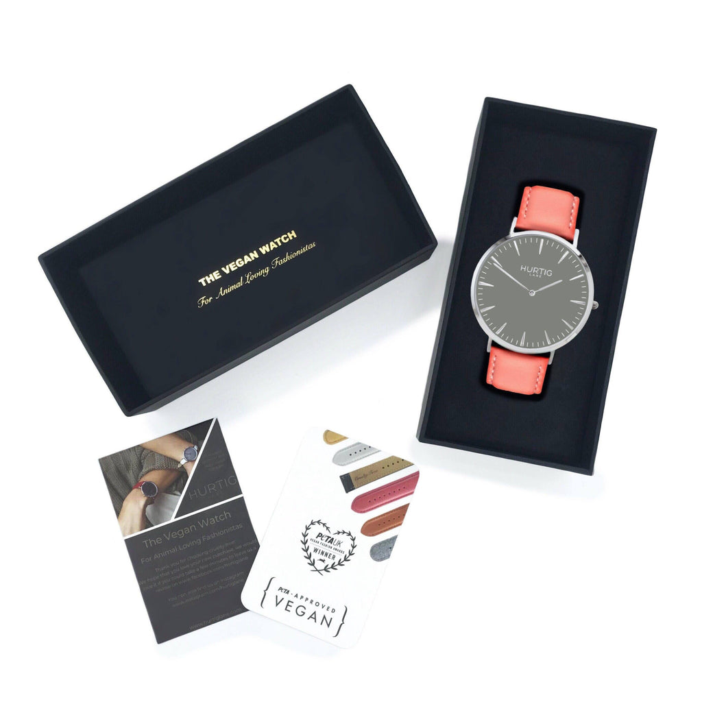 Vegan leather watch silver, grey and coral- hurtig lane- vegane uhren