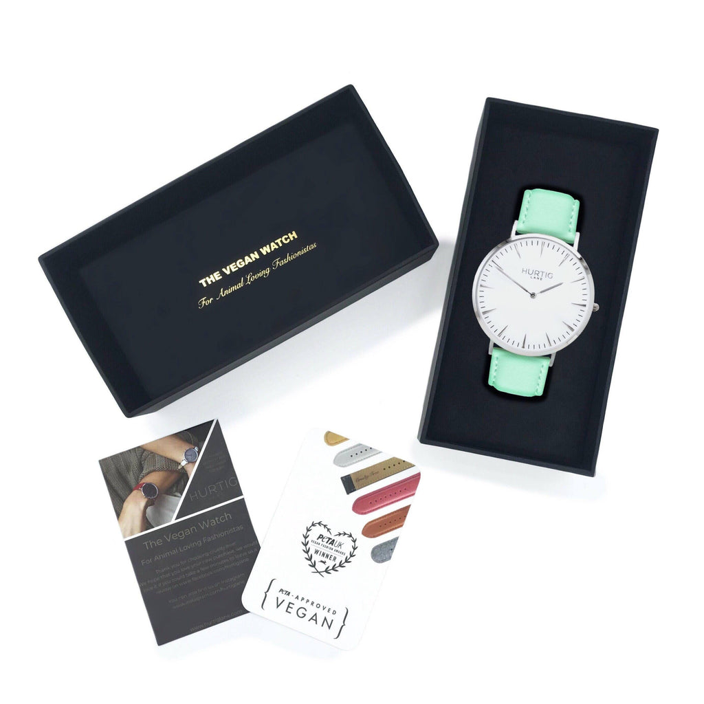 Vegan leather watch silver, white and mint- hurtig lane- vegane uhren