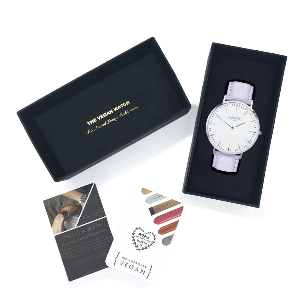 Vegan leather watch silver, white and lilac- hurtig lane- vegane uhren