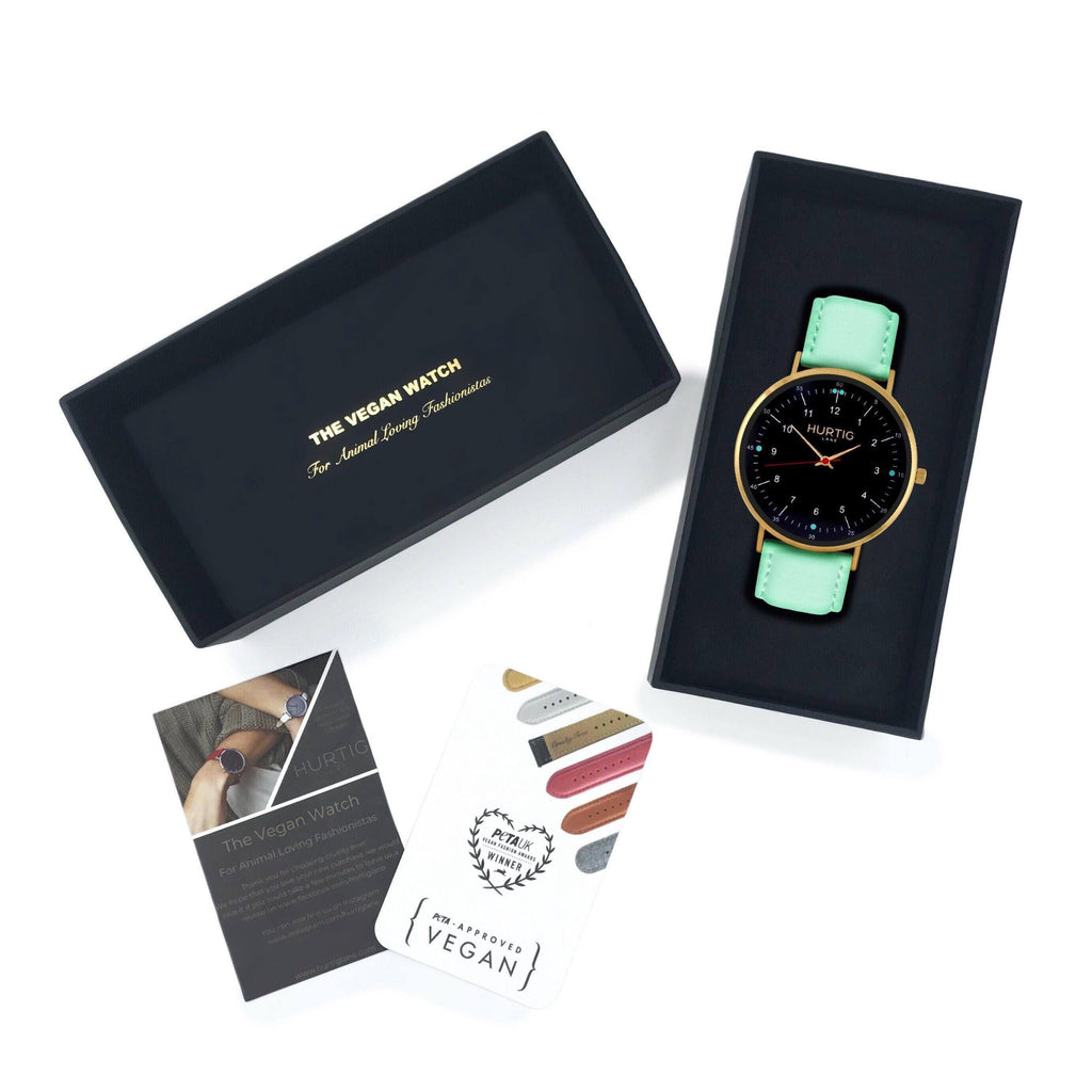 hurtig lane vegan leather watch gold,  black & mint vegane uhren