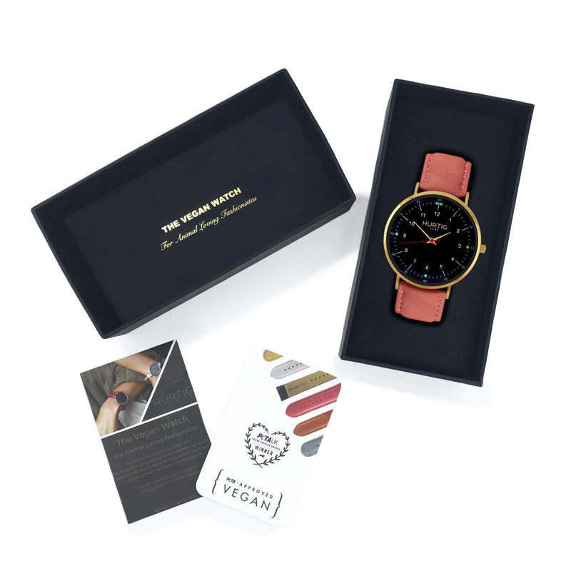 Women's Vegan Watch Gold with coral pink vegan suede straps