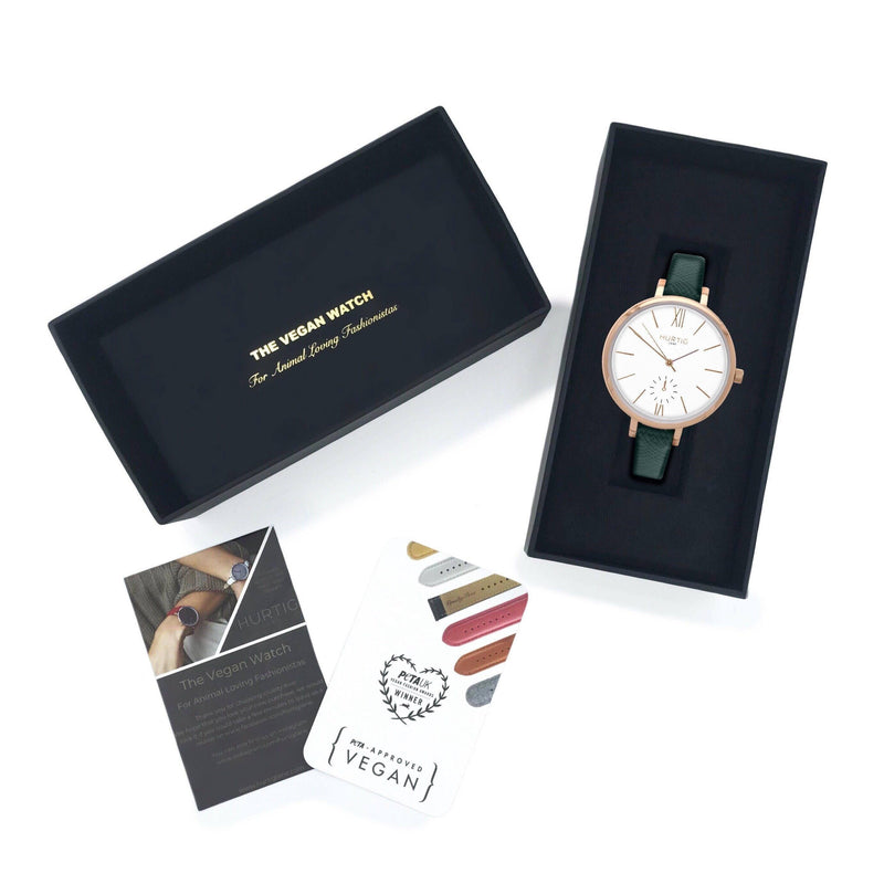 Women's Vegan Watch Rose Gold/White with green straps. Vegan gift. 