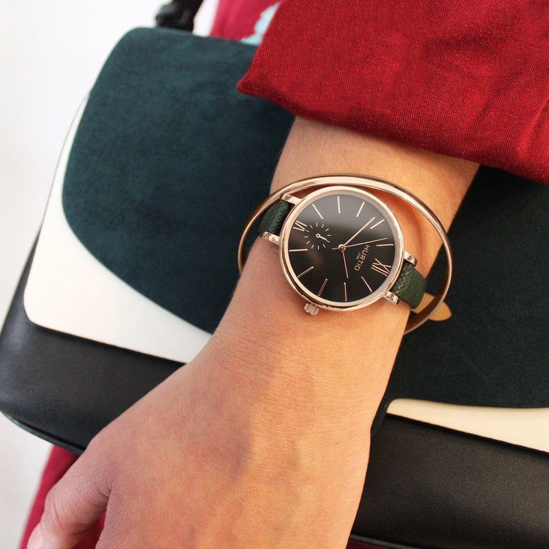 Amalfi Petite Vegan Leather Rose Gold/Black/Forest Green Watch Hurtig Lane Vegan Watches