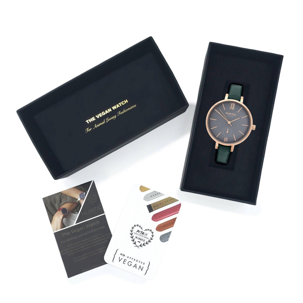 Amalfi Petite Vegan Leather Watch Rose Gold, Grey & Forest Green - Hurtig Lane - sustainable- vegan-ethical- cruelty free