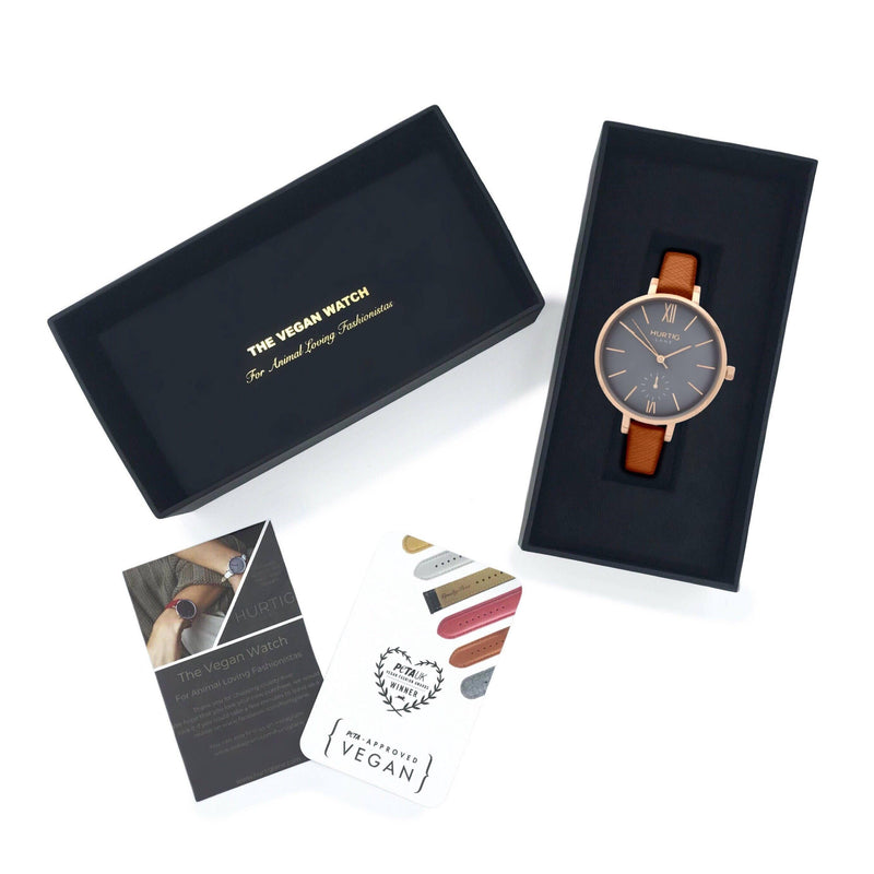 Women's petite vegan watch rose gold/grey with vegan leather tan brown straps. gift box 