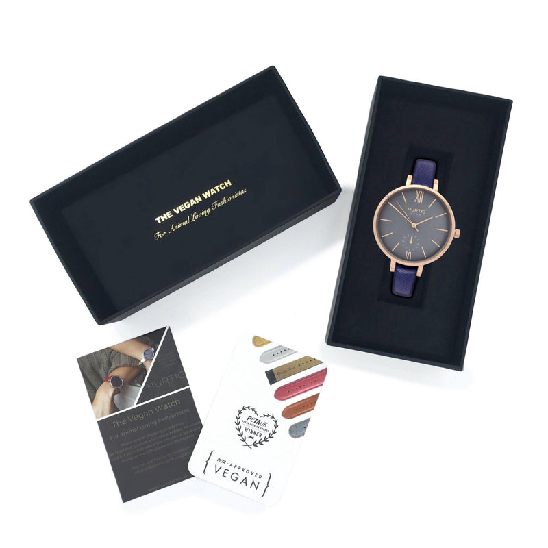 Women's vegan watch rose gold/grey with vegan leather blue straps