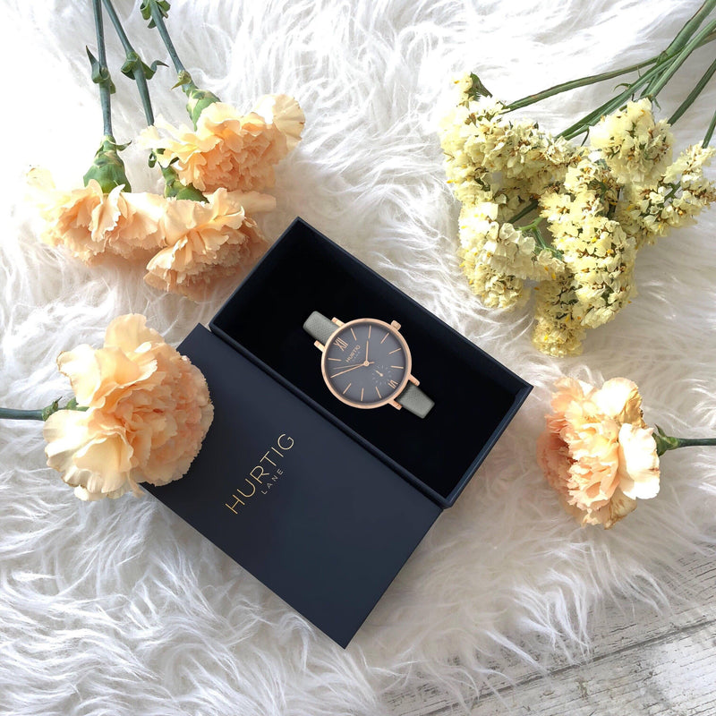 Women's vegan watch in rose gold/grey with grey vegan leather straps 