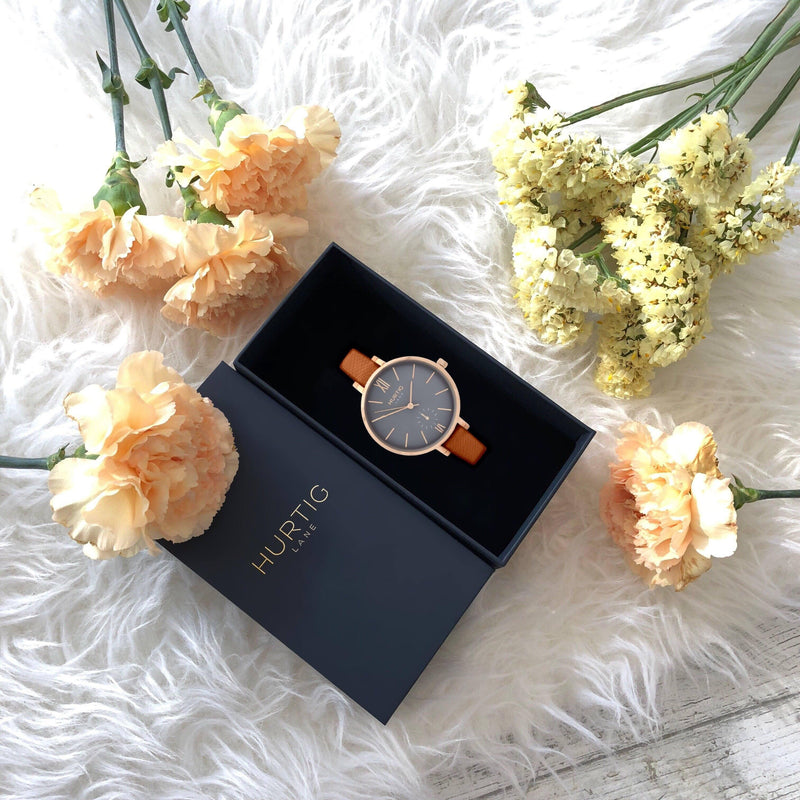 vegan friendly gift set. women's vegan watch in rose gold/grey with vegan leather tan brown straps 