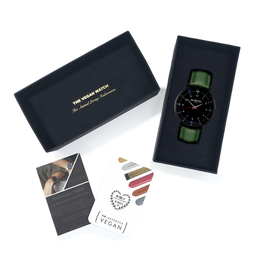 Moderna Vegan Leather Watch All Black & Green - Hurtig Lane - sustainable- vegan-ethical- cruelty free