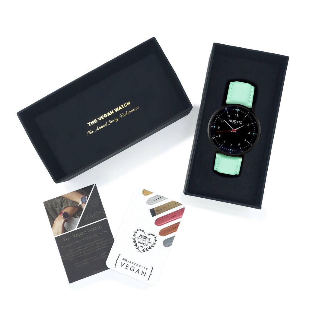 hurtig lane vegan leather watch black & mint vegane uhren