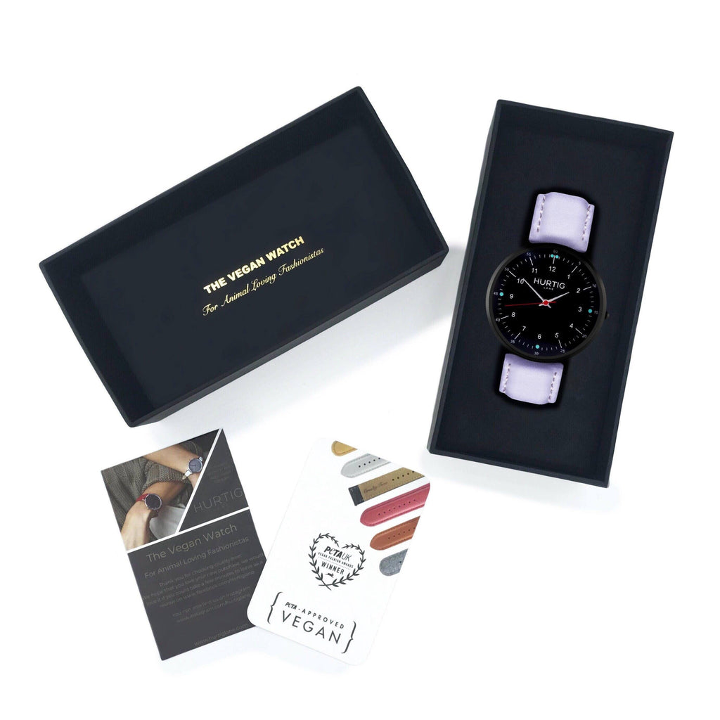 Moderna Vegan Leather Watch All Black & Lilac Watch Hurtig Lane Vegan Watches