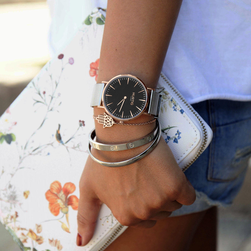 Lorelai Stainless Steel Watch Rose Gold, Black & Silver - Hurtig Lane - sustainable- vegan-ethical- cruelty free