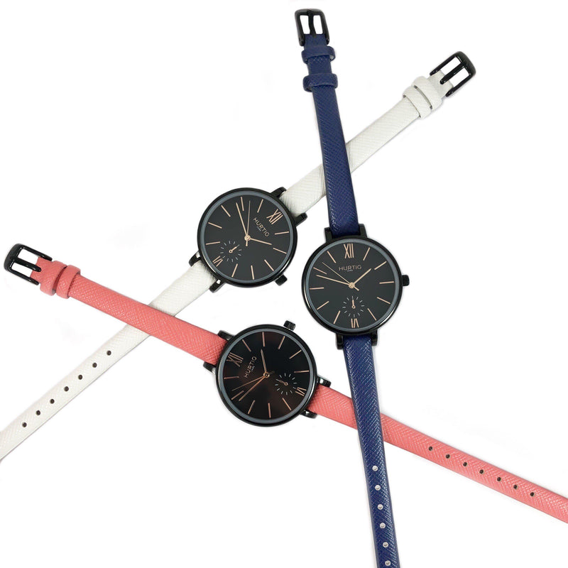 Amalfi Petite Vegan Leather Black/Black/White Watch Hurtig Lane Vegan Watches