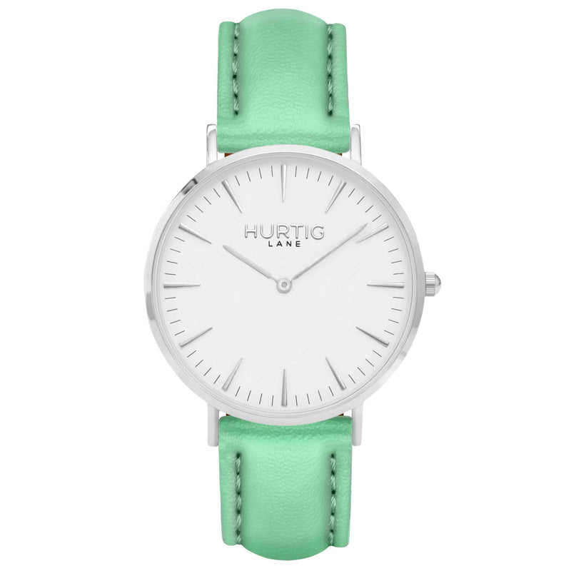 Vegan leather watch silver, white and mint- hurtig lane- vegane uhren