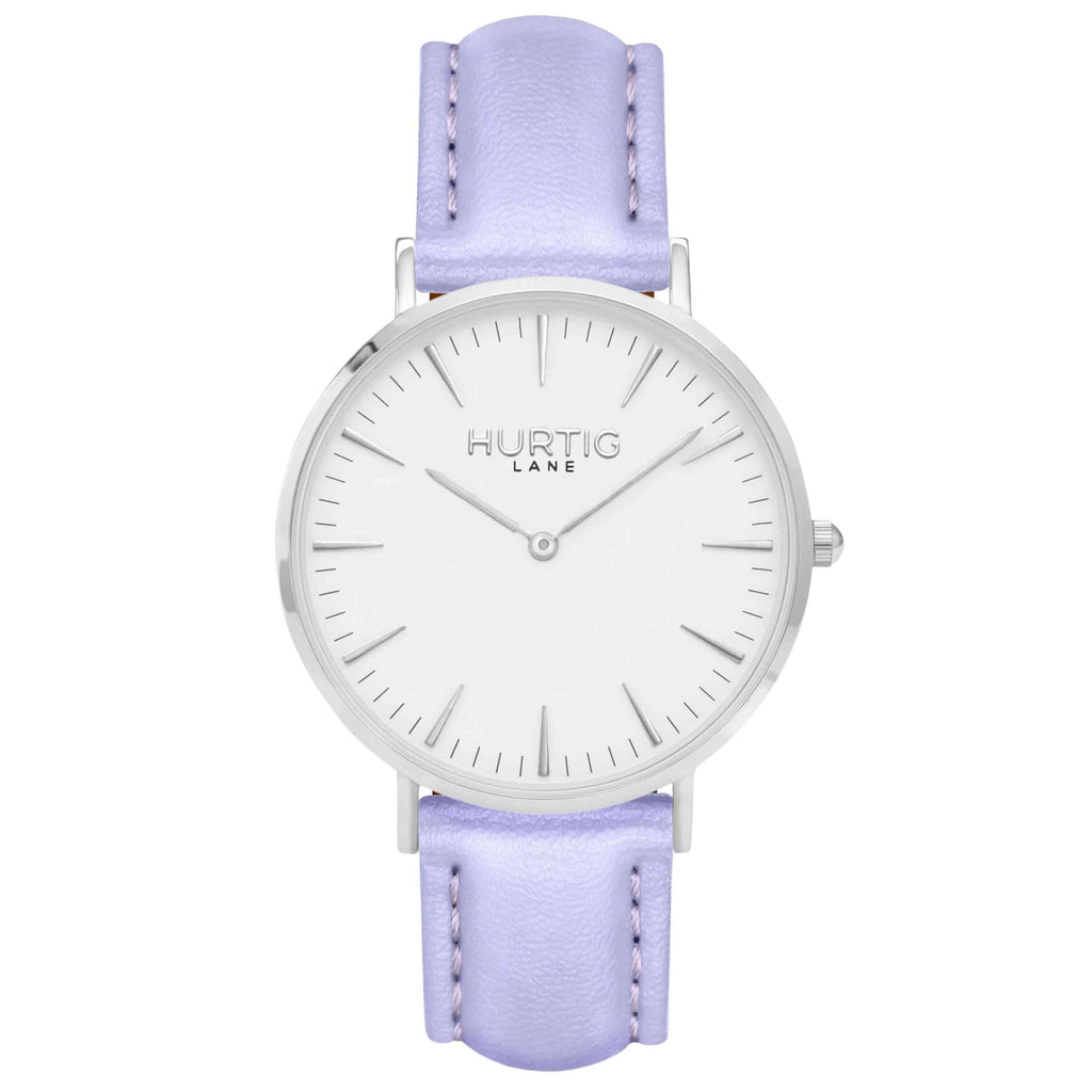 Vegan leather watch silver, white and lilac- hurtig lane- vegane uhren